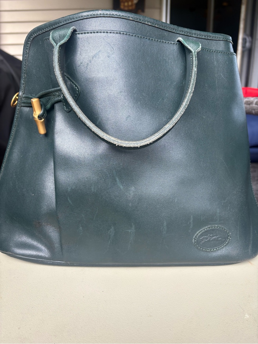 Longchamp Dark Green Leather Satchel with Gold-Tone Accent